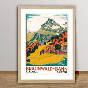 Braunwald Bahn, Schweiz, Suisse Vintage Reiseplakat - Retro Braunwald Poster / Geschenkidee / Wanddekor