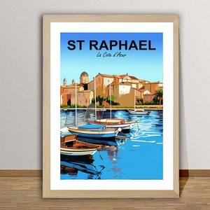 Poster de voyage St Raphael, France par mer - Poster St Raphael, impression marina Côte d'Azur, décoration murale, idée cadeau