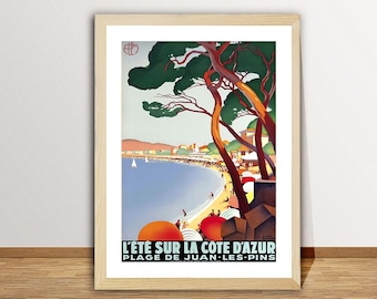 May include: A vintage travel poster advertising a summer vacation on the French Riviera. The poster features a colorful illustration of a beach scene with palm trees, people, and the text "L'ETE SUR LA COTE D'AZUR PLAGE DE JUAN-LES-PINS".