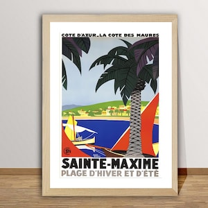 Saint Maxime, Plage d'Hiver et d'Ete,  Cote d'Azur, France  Vintage Travel Poster - French Riviera Travel Memories / Gift Idea / Wall Decor