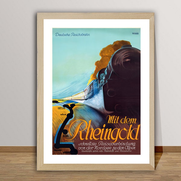 Mit Dem Rheingold, Deutsche Reichsbahn Vintage Travel Poster - Poster Papier of Canvas Print / Cadeau Idee / Wall Decor