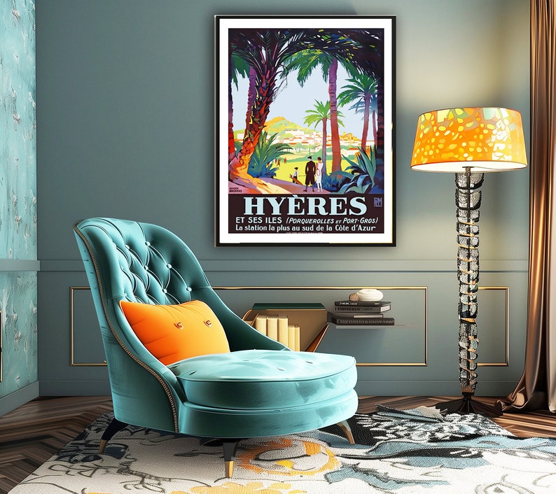 May include: A vintage travel poster advertising the French city of Hy&egrave;res, featuring a palm tree lined path leading to a view of the city and the sea. The poster text reads "Hy&egrave;res et ses &icirc;les (Porquerolles et Port-Cros) La station la plus au sud de la C&ocirc;te d'Azur."