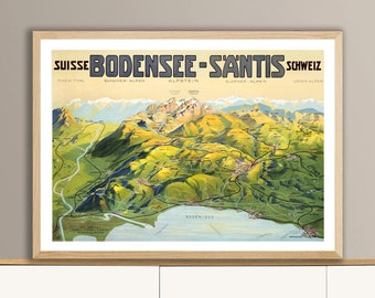 Bodensee Santis Suisse Vintage Travel Poster - Affiche de Voyage, Lake Constance Artwork, Wall Decor