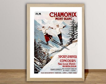 Chamonix Mont-Blanc Vintage Ski Poster - Poster Paper or Canvas Print / Gift Idea / Wall Art