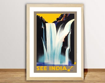 May include: A vintage travel poster advertising a trip to India. The poster features a colorful illustration of a waterfall with the text "See India" and "Jog Falls" in yellow.