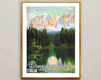 Lago di Carezza, Venezia Tridentina, Italia  Vintage Travel Poster - Travel in Italy, Lake Carezza Poster, Museum Quality Print