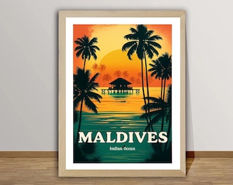 Maldives Travel Poster: Beach Palm Trees Print