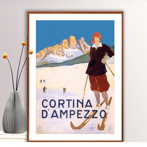 Cortina D'Ampezzo, pôster de esqui vintage da Itália - arte de esqui, amantes de esqui, pôster de esqui, decoração de parede