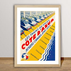 Les Trains du Soleil Cote d'Azur, Cartel de viaje vintage de Francia - Affiche Ancienne, Arte de trenes de la Riviera francesa, Impresión de arte retro