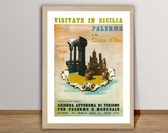 Visitate in Sicilia  Palermo Italy Vintage Travel Poster - Poster Paper or Canvas Print / Gift Idea / Wall Decor