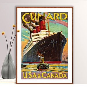 Cunard USA, Kanada Vintage Reise Poster - Poster Papier oder Leinwand Giclée-Druck / Geschenkidee / Wand-Dekor