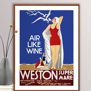 Air Like Wine Weston Super Mare Vintage Travel Poster Poster Paper or Canvas Print / Gift Idea / Wall Decor image 1