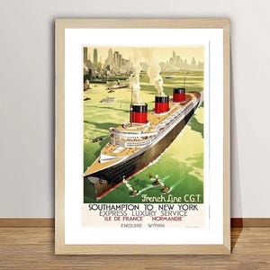 Póster de viaje de la línea francesa de Southampton a Nueva York, Normandía - Impresión en póster o lienzo / Idea de regalo / Decoración de pared