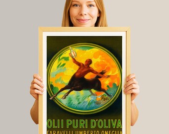Lámina publicitaria vintage de Olii Puri d'Oliva: Póster retro de aceite de oliva para alimentos y bebidas.