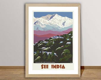 Darjeeling India Vintage Travel Poster: Kanchanjunga Print