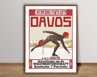 Davos Ski Poster: Vintage Travel Art, Ice Skating World Championship