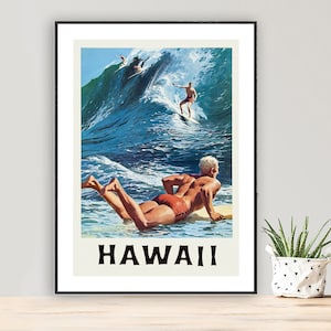 Hawaii Surfing Vintage Travel Poster -  Poster Paper or Canvas Print / Gift Idea