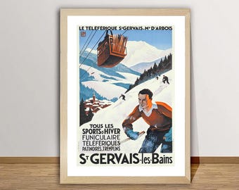 Tous Les Sports d'Hiver St. Gervais Les Bains, France  Vintage Travel Poster - Ski Sport, Winter Sports Art, Living Room Decor