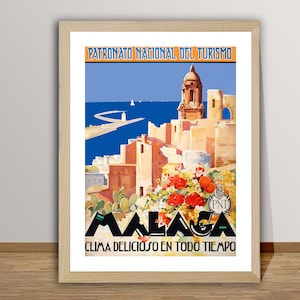 Cartel de viaje vintage de Málaga, España - Cartel de Málaga, viaje Málaga, decoración de la pared, idea de regalo