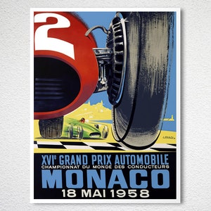 Op de afbeelding: Vintage poster voor de XVIe Grand Prix Automobile Monaco 1958. De poster toont een rode raceauto, een grote zwarte band en een groene raceauto op een geblokte baan. De tekst bevat "MONACO" en de datum "18 MAI 1958".