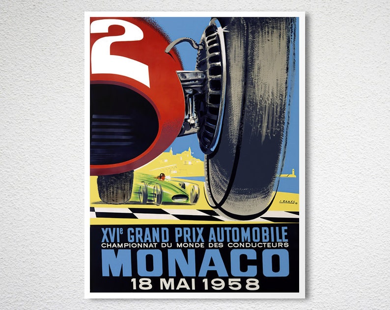 Op de afbeelding: Vintage poster voor de XVIe Grand Prix Automobile Monaco 1958. De poster toont een rode raceauto, een grote zwarte band en een groene raceauto op een geblokte baan. De tekst bevat "MONACO" en de datum "18 MAI 1958".