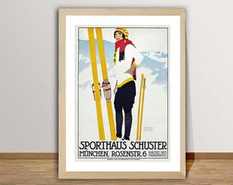 Vintage skiposter: reisafdruk Sporthaus Schuster München