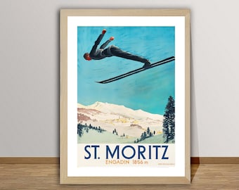 St. Moritz, Engadin Switzerland Vintage Ski Poster - Sport Ski Poster / Gift Idea / Wall Decor