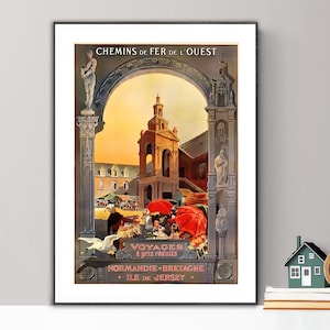 Chemin de Fer de l&#39;Ouest, Normandie, Bretagne, Ile de Jersey Vintage Travel Poster - Poster Paper or Canvas Print / Gift Idea