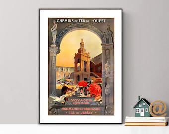 Chemin de Fer de l'Ouest, Normandie, Bretagne, Ile de Jersey vintage Travel Poster - Poster Paper or Canvas Print / Gift Idea