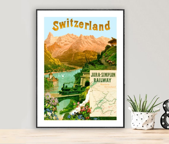 Switzerland Jura Simplon Railway Vintage Travel Poster Poster Paper or  Canvas Print Gift Idea
