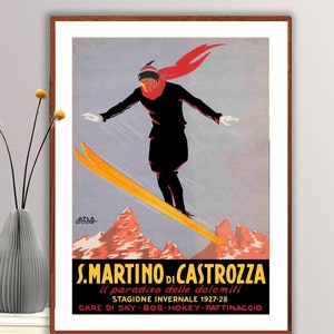 S. Martino di Castrozza, Itália Poster de esqui vintage - papel de pôster, impressão em tela / ideia de presente / decoração de parede