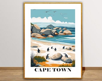 Poster de voyage des pingouins du Cap : impression d'art de la plage de Boulders (téléchargement numérique)