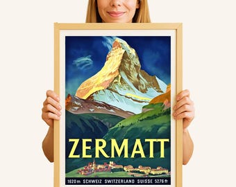 Zermatt Switzerland Vintage Travel Poster: Swiss Alps Print