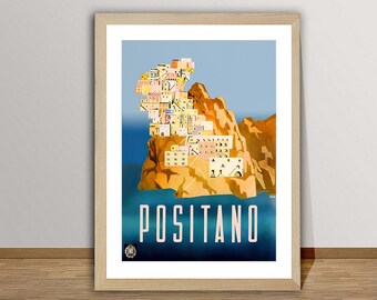 Può includere: Una stampa artistica incorniciata con un'illustrazione stilizzata di Positano, Italia. L'immagine raffigura edifici dai colori chiari raggruppati su una scogliera rocciosa che si affaccia su un mare blu profondo. La parola POSITANO è scritta in grandi lettere bianche.