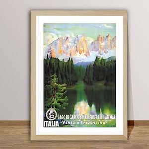 Lago di Carezza, Venezia Tridentina, Italia  Vintage Travel Poster - Travel in Italy, Lake Carezza Poster, Museum Quality Print