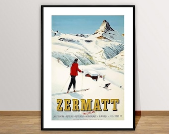 Zermatt Switzerland, Schweiz  Vintage Travel Poster - Winter Sports in Zermatt / Gift Idea / Ski Sport Wall Art