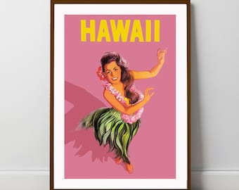 Hawaii Hula Girl Vintage Travel Poster: Retro Art Print