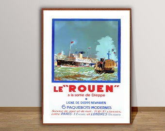 Könnte beinhalten: Ein Vintage-Reiseposter, das einen Fährdienst zwischen Dieppe und Newhaven bewirbt. Das Poster zeigt ein blaues und weißes Schiff mit dem Text "LE'ROUEN'" und "LIGNE DE DIEPPE NEWHAVEN" in Rot und Schwarz. Das Poster enthält auch den Text "6 PAQUEBOTS MODERNES" und "Service de jour et de nuit. 1º 2º 3º classes. entre PARIS (St Lazare) et LONDRES (Victoria)"