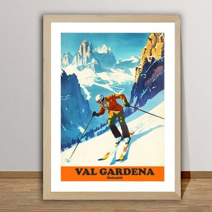 Val Gardena, Dolomiti Włochy Vintage plakat narciarski - plakat sportów zimowych / pomysł na prezent / dekoracja ścienna