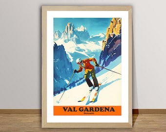 Val Gardena, Dolomiti Italy  Vintage Ski Poster - Winter Sports Poster / Gift Idea / Wall Decor