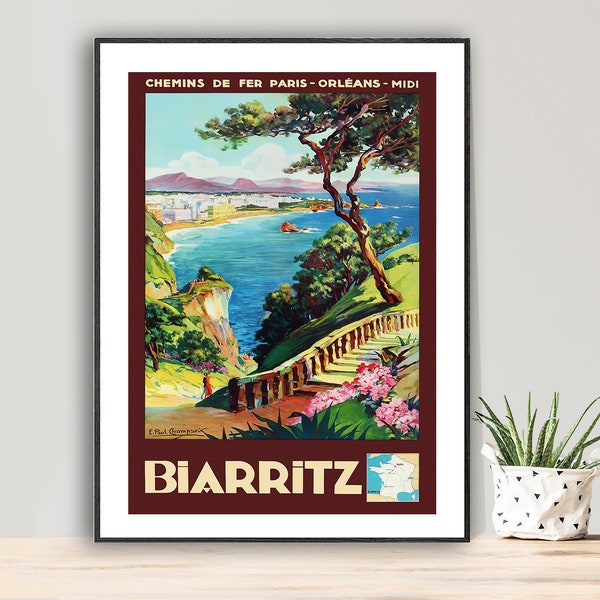 Biarritz France vintage Travel Poster - Poster Paper, Canvas Print / Wall Decor