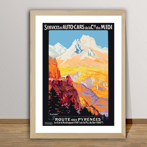 Affiche de voyage vintage Route des Pyrénées - Art mural rétro / Idée cadeau / Décoration murale