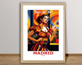 Madrid Spain Travel Poster: Flamenco Dancer with Beer