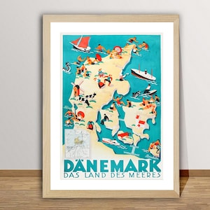 Danemark Das Land Des Meeres Poster de viagens vintage - Impressão de arte de viagem / Idéia de presente / Decoração de parede