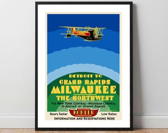 Detroit to Grand Rapids Milwaukee the Northwest Vintage Aviation Poster