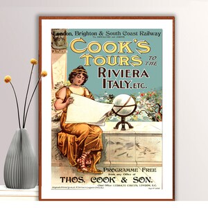 Cook's Tours to the Riviera Italy Vintage  Travel Poster - Poster Paper or Canvas Print / Gift Idea / Wall Decor