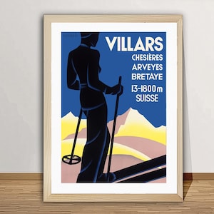 Villars Chesieres, Arveyes, Bretaye Suisse  Vintage Ski Poster - Wintersport in the Villars, Gift for Ski Lovers,  Woman Skier Wall Art