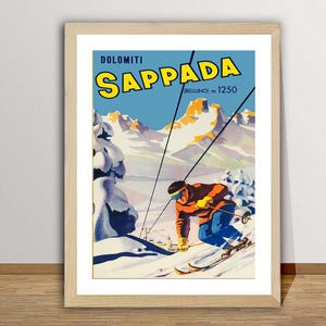 Dolomiti Sappada, Włochy Vintage plakat podróżniczy-sporty zimowe w Sappada/pomysł na prezent/dekoracja ścienna