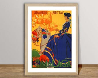 Póster de viaje vintage de Málaga, España: Impresión de arte ecuestre