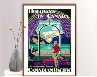 Póster de viaje vintage de las Montañas Rocosas Canadienses: Vacaciones en Canadá